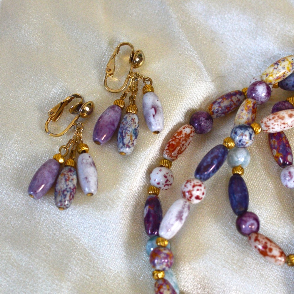 Vintage glass multicolored bead necklace and earrings set